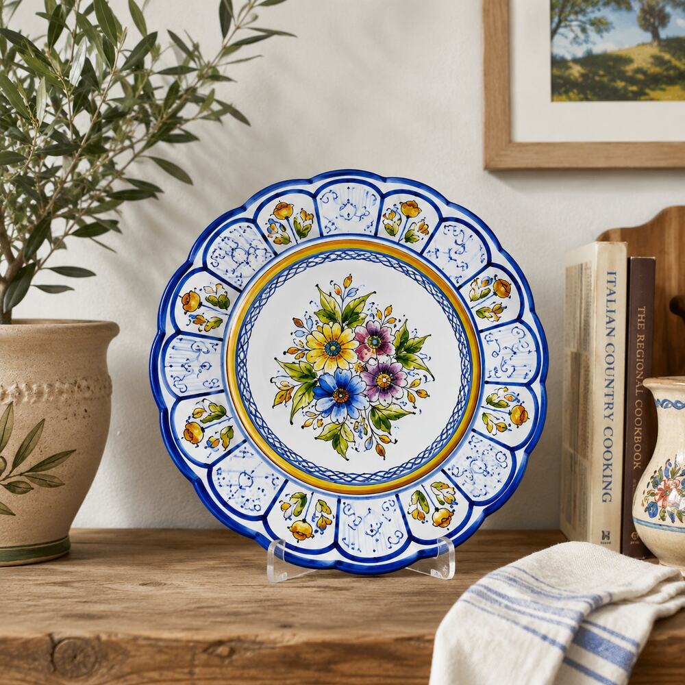 Hand Painted Majolica Style Floral Wall Plate Scalloped 10" Italian Decor